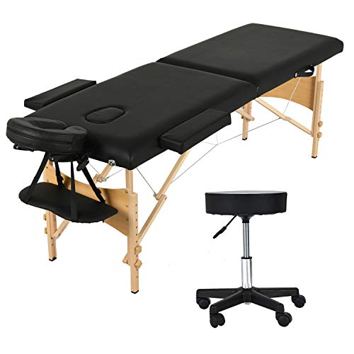 Uenjoy Folding Massage Bed with Stool, 84'' Professional 2 Fold Lash Bed with Head-& Armrest, Black