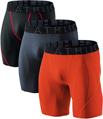 ATHLIO Men's Athletic Cool Dry Compression Shorts, Sports Performance Active Running Tights, 3pack(bsp06) - Black/Charcoal/Orange, Large