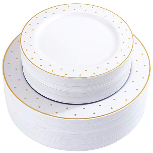102pcs Gold Plastic Plates, Premium Combo Disposable Dinnerware, Party Plastic Plates, Dot Plates suit for Wedding Includes: 51 Dinner Plates 10.25' and 51 Dessert Plates 7.25'