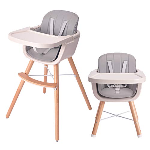 HAN-MM Baby High Chair with Removable Gray Tray, Wooden High Chair, Adjustable Legs, Harness, Feeding Baby High Chairs for Baby/Infants/Toddlers Style 2 Grey