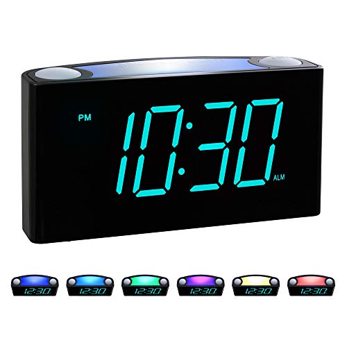 Rocam Digital Alarm Clock for Bedrooms - Large 6.5' LED Display with Dimmer, Snooze, 7 Color Night Light, Easy to Set, USB Chargers, Battery Backup, 12/24 Hour for Kids, Heavy Sleepers, Elderly (Blue)