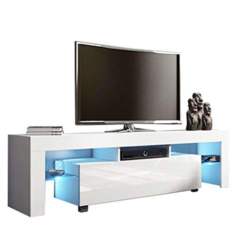 US-in-Stock Modern LED TV Stand with LED Lights Glass Frame, TV Cabinet Television Media Storage Console Table with 2 Drawers Shelves, Living Room Furniture (White, 51.2×13.8×17.7 inch)