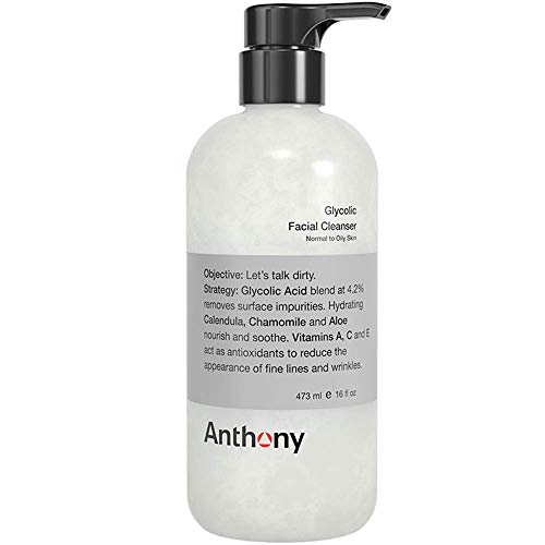 Anthony Glycolic Facial Cleanser, Normal to Oily Skin, Contains Glycolic Acid, Aloe Vera, Vitamins A, C, and E, Exfoliates, Removes Dirt and Oil, Maintains Moisture For Daily Face Washing, 16 Fl Oz