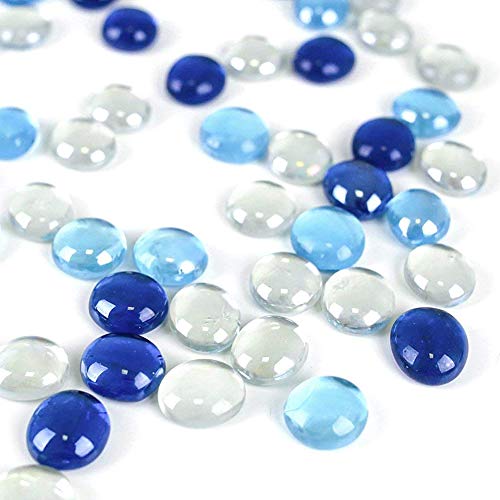 FUTUREPLUSX Flat Glass Marbles 1Lb, 100PCS Fill 0.3L Vol. Premium Blue Mixed Color Flat Gems Aquarium Pebbles Vase Filler Beads Table Scatter Décor