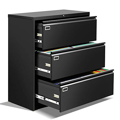 Black 3 Drawer Lateral File Cabinet with Lock Metal Lateral Filing Cabinet for Legal/Letter A4 Size, Locking Wide File Cabinet with Drawers 6 Adjustable Hanging Rails for Office Home