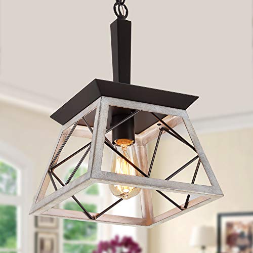 Q&S Rustic Pendant Light Fixture,Antique Pendant lamp,Vintage Farmhouse Chandelier,Industrial Kitchen Island Hanging Light for Dining Room,Wrought Iron,ORB+Oak White,1 Light E26