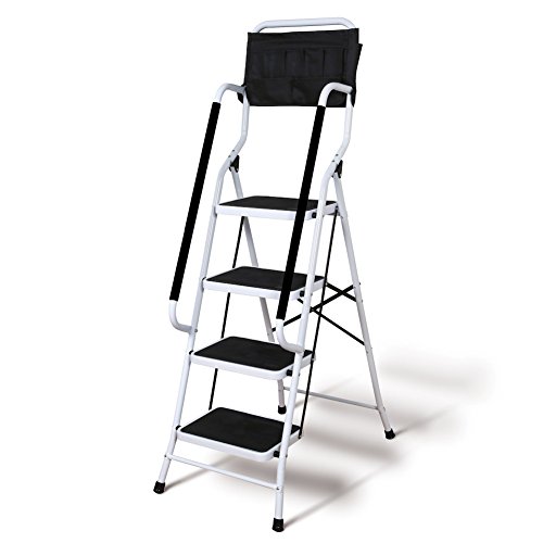 SUPPORT PLUS Folding 4-Step Safety Step Ladder - Step Stool with Padded Side Handrails, Tool Pouch Caddy, Wide Steps