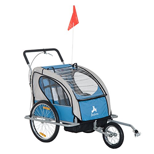 Aosom Elite 2-in-1 Three-Wheel Bicycle Cargo Trailer & Jogger for Two Children with 2 Safety Harnesses & Storage, Blue