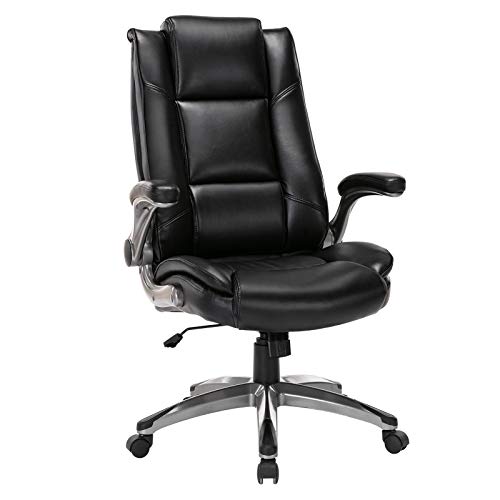 Office Chair High Back Leather Executive Computer Desk Chair - Flip-up Arms and Adjustable Tilt Angle Swivel Chair Thick Padding for Comfort and Ergonomic Design for Lumbar Support