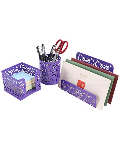 EasyPAG Desk Organizer Accessories Set 3-Piece Includes Letter Sorter, Pen Holder and Sticky Notes Holder,Purple