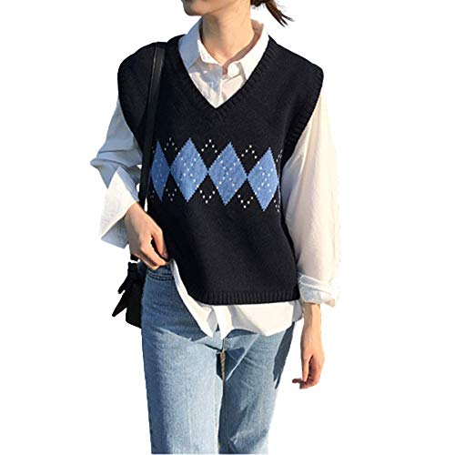 SLLSKY Women Sweater Vest Autumn Stylish Vintage Geometric Argyle V Neck Sleeveless Pullovers Knitted Woman Sweaters, Black