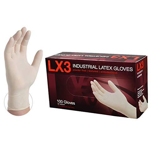 AMMEX LX3 Industrial White Latex Gloves, Box of 100, 3 mil, Size Medium, Powder Free, Textured, Disposable, Non-Sterile, LX344100-BX