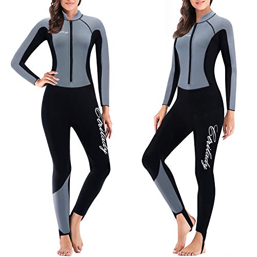 CtriLady Wetsuit, Women 1.5mm Neoprene Full Wetsuit, Long Sleeve Diving Suits with Front Zipper UV Protection Full Body Swimwear for Swimming Diving Surfing Kayaking Snorkeling(L,Gray)