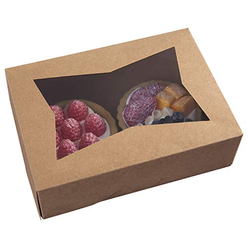 8inch Brown Cookie Boxes with Window,Small Auto-Popup Bakery Boxes for Muffins and Pastry, Kraft Cardboard Clear Lid Dessert Strawberries Dessert Packaging 8x5.75x2.5,Pack of 15