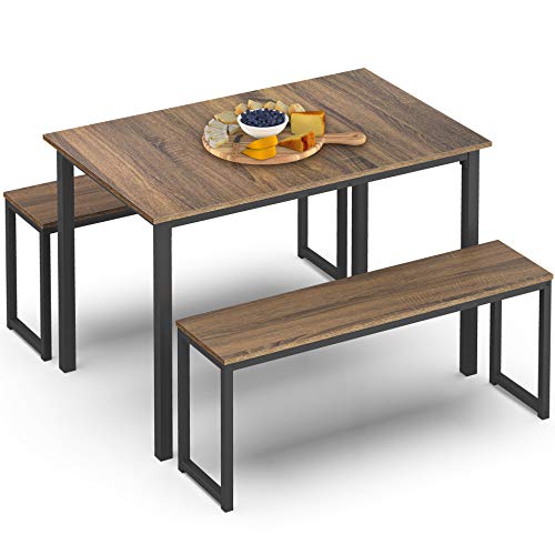 HOMURY 3 Piece Dining Table Set Breakfast Nook Dining Table with Two Benches,Industrial Brown