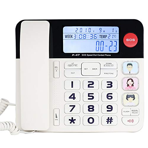 Home Landline Phone with Caller ID, HePesTer P-47 Upgrade Corded Desk Phone for Home with Luminous&Large Button/Clear Volume/SOS Emergency Button/Speed Dial Memory/Blacklist