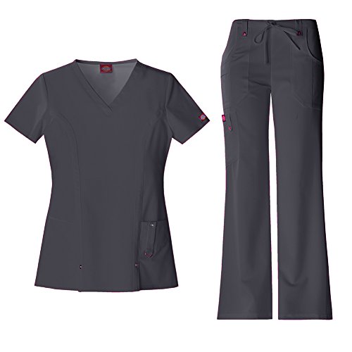 Dickies Xtreme Stretch Women's V-Neck Top 82851 & Drawstring Pant 82011 Scrub Set (Pewter - X-Large)