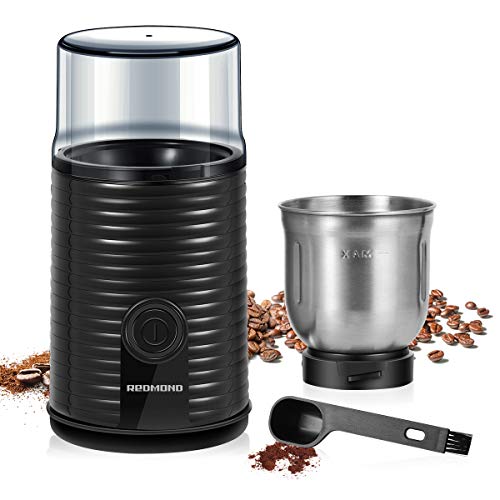 REDMOND Electric Coffee Grinder, Coffee Bean & Spice Grinder with 2.8 OZ Large Capacity Removable Cup, Stainless Steel Blade and 2-in-1 Cleaning Brush, 160W, Black, CG004