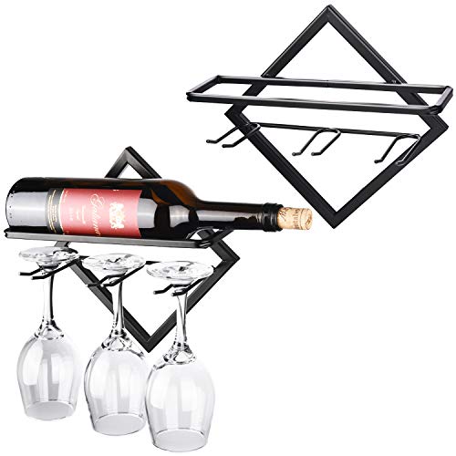 JJDPARTS 2 Pack Wall Mounted Metal Wine Rack, Wine Bottle Rack and Stemware Hanger, Bottle & Glass Holder for Home & Kitchen Display Decor (2 Pack)