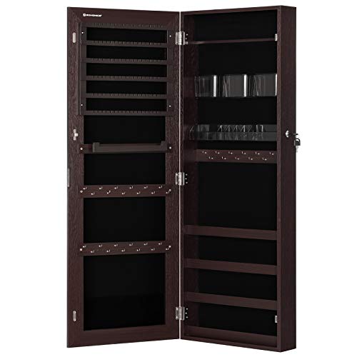 SONGMICS Jewelry Cabinet Armoire, Lockable Wall-Mounted Storage Organizer Unit with 2 Plastic Cosmetic Storage Trays, Full-Length Frameless Mirror, for Necklace Earring, Brown UJJC001K01