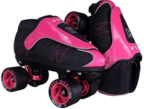 VNLA Zona Rosa Jam Skates | Quad Roller Skates from Vanilla – Indoor Speed Skates – Denim and Leather – for Tricks and Rhythm Skating (Neon Pink and Black)