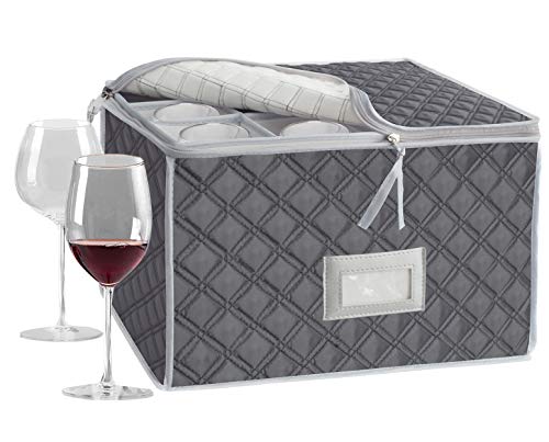 Wine Glass Stemware China Storage Chest,Holds 12 Red or White Wine Glasses containers Box with lable window,Fully-Padded Inside with Hard Sides(15.5' x 12.5'x 10')-Grey
