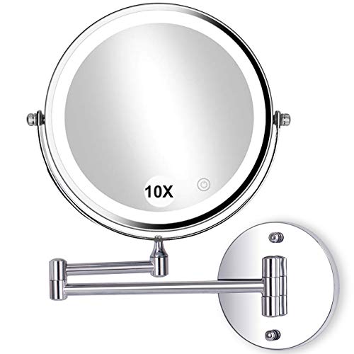 8'Wall Mounted Makeup Mirror with Lights LED 10x Wall Makeup Vanity Mirror Double Sided,Touch Button and Adjustable Light,Shaving Makeup in Bedroom or Bathroom,Powered by 4xAAA Batteries(Not Included)