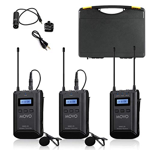 Movo WMX-20-DUO 48-Channel UHF Wireless Lavalier Microphone System with 1 Receiver, 2 Transmitters, and 2 Lapel Microphones Compatible with DSLR Cameras (330' ft Audio Range)