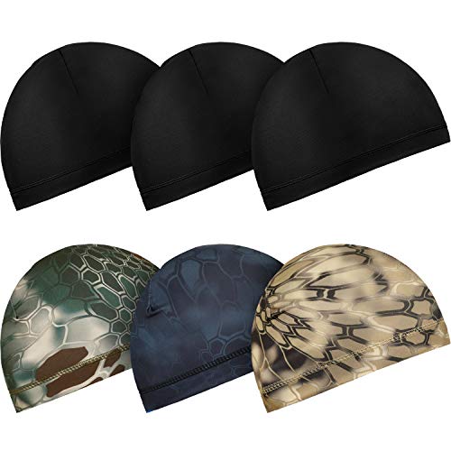 6 Pieces Cycling Skull Caps Running Sweat Wicking Hats Helmet Liner for Men and Women (Black, Camouflage)