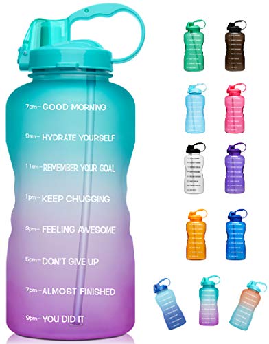 Giotto Large 1 Gallon/128oz (When Full) Motivational Water Bottle with Time Marker & Straw, Leakproof Tritan BPA Free for Fitness, Gym and Outdoor Sports-Green/Pink Gradient