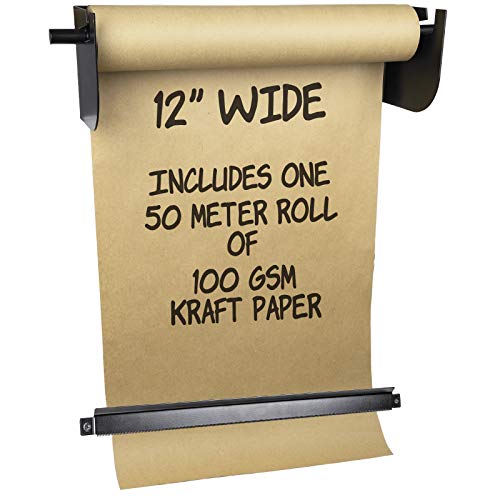 Wall Mounted Kraft Paper Dispenser & Cutter: Includes 50 Meter Long Kraft Paper Roll - Perfect for To-Do Lists, Daily Specials, Menus and other Note Taking (12 Inches Wide)