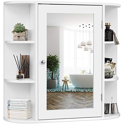 Tangkula Bathroom Cabinet, Single Door Wall Mounted Medicine Cabinet with Mirror(4 Tiers Inner Shelves)
