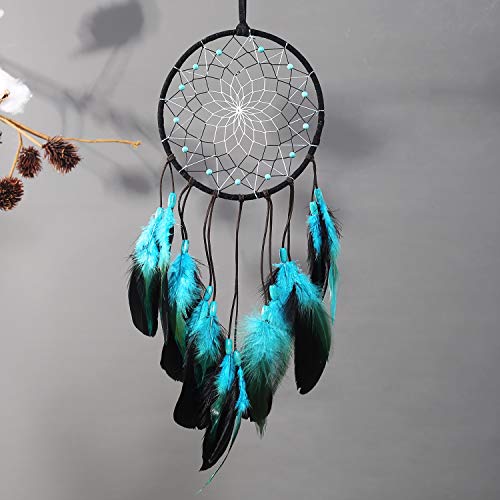 TEESHLY Dream Catcher with Bicolor Mesh, Handmade Dark Tone Dreamcatcher with Black and Turquoise Feather Wall Hanging Decoration