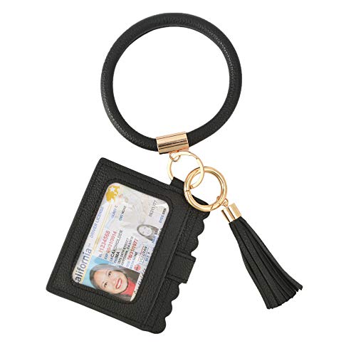Coolcos Large Circle Bangle Keychain Wallet - Upgraded ID Card Holder Keyring Wristlet Bracelet Key Ring Chain Purse Women(Black)