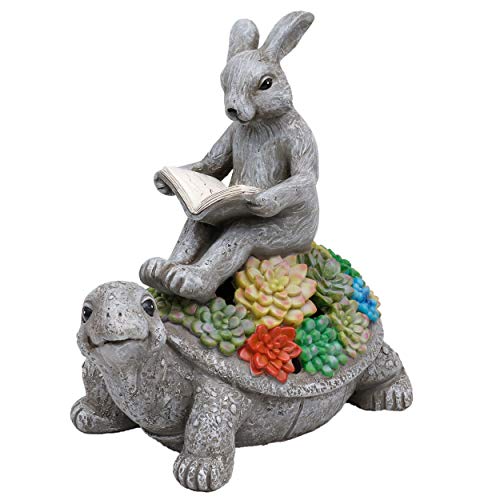 TERESA'S COLLECTIONS Garden Statue, Rabbit Sitting on Tortoise Reading Book Figurine with Solar Lights, Polyresin Garden Figurines for Outdoor Decoration (Outdoor Paradise)