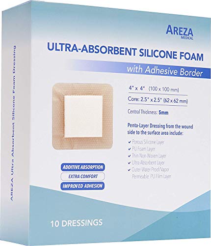 Ultra-Absorbent Silicone Foam Dressing with Border (Adhesive) Waterproof 4' X 4' (10 cm X 10 cm) (Central Ultra-Absorbent Foam 2.5' X 2.5') 10 Per Box (1) Wound Dressing by Areza Medical
