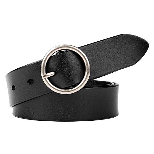 WERFORU Women Casual Dress Belt Genuine Leather Belt with Round Buckle,Black,Suit Pant Size 29-34 inches