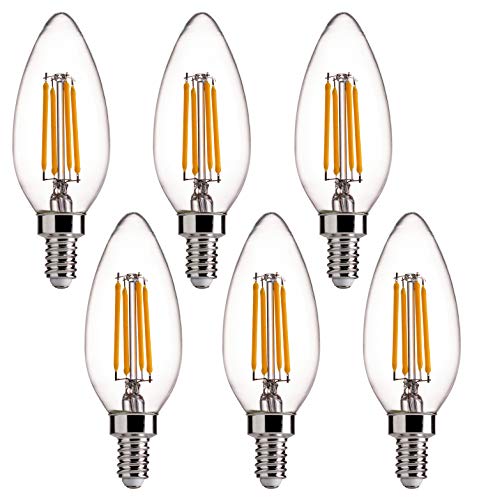 B11 E12 Base 60W Equivalent LED Chandelier Light Bulbs - FLSNT Dimmable Clear LED Filament Candle Bulbs, 4.5W, 2700K Soft White - 6 Pack