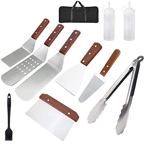 Apperloth Griddle Accessories Kit, 10PCS Wooden Handle Stainless Steel Griddle Tool Set Professional Grade Flat Top Grill Cooking Kit for for Outdoor BBQ, Teppanyaki and Camping