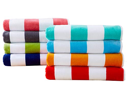 4 Pack Plush Velour 100% Cotton Beach Towels. Cabana Stripe Pool Towels for Adults. (Navy, 4 Pack- 30' x 60')