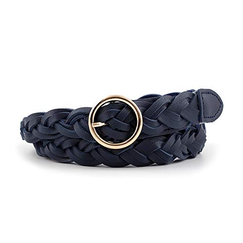 AYA Women's Braided Leather Belt | Skinny, Waist Belt for Dresses, Jeans & Skirts | O-Ring Golden Buckle Fashion Women’s Belt | Navy, Medium