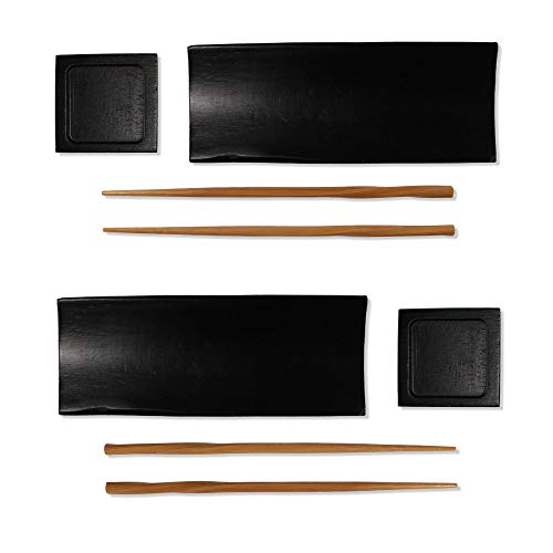 BambooMN Reusable Black Bamboo Sushi Serving Tray Set - 2 Sets