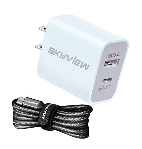 Skyview-Fast-Charger-Compatible with iPhone-Samsung-Galaxy-iPad-LG-Android Phone-Tablet-Wall-Adapter Dual-Ports-USB-C-18W Portable-Travel-Universal-6.6-ft-Type-C-Cable-Package