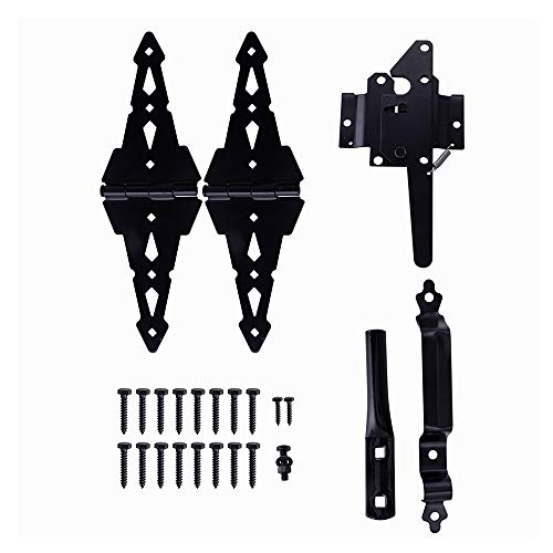 Home Master Hardware Wood Gate Hardware Set - Heavy Duty 8' Decorative Strap Hinges and Spring Loaded Latch Gate Kit with Screws for Outdoor Fence Swing Gate Black Finish