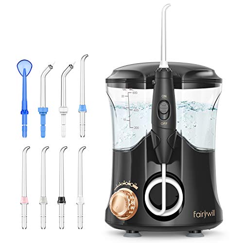 Water Flosser For Teeth, Fairywill Dental Oral Irragator with 8 Jet Tips, 10 Adjustable Modes, 600ML Water Tank, Non-slip Base, Quiet Professional Electric Flosser for Braces Care, Teeth Cleaner