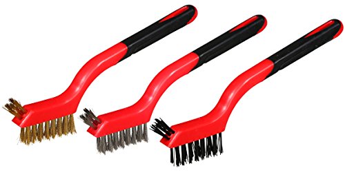 Supply Guru 3-Piece Cleaning Brush Detailing Wire Brush Set, Brass, Stainless Steel, and Nylon, Heavy Duty, Crimped Scratch Brush, Extra Cluster of Bristles for Hard-to-Reach Areas, Length 7”.