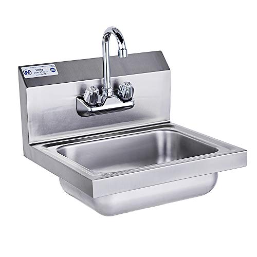 Stainless Steel Sink for Washing with Faucet NSF, Commercial Wall Mount Hand Basin for Restaurant, Kitchen and Home, 17 x 15 Inches