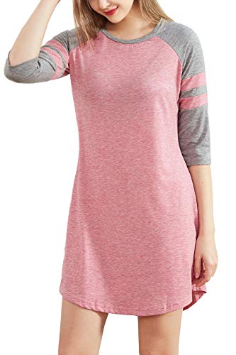 cindyouth Women's Nightgown, Loose Comfy Cotton Raglan Sleepshirts 3/4 Sleeve Boyfriend Style Lounge Dress Sleepwear S-XXL Pink