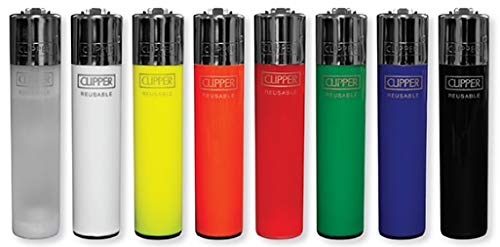 Clipper 8 Reusable Lighters Assorted Solid Colors Refillable Reflintable Regular Size