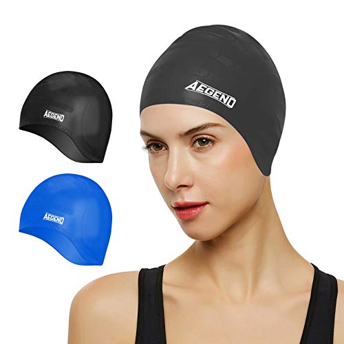 Aegend Unisex Swim Caps Cover Ears (2 Pack), Durable & Flexible Silicone Swimming Caps for Long Hair & Short Hair，Easy to Put On and Off, Black Blue